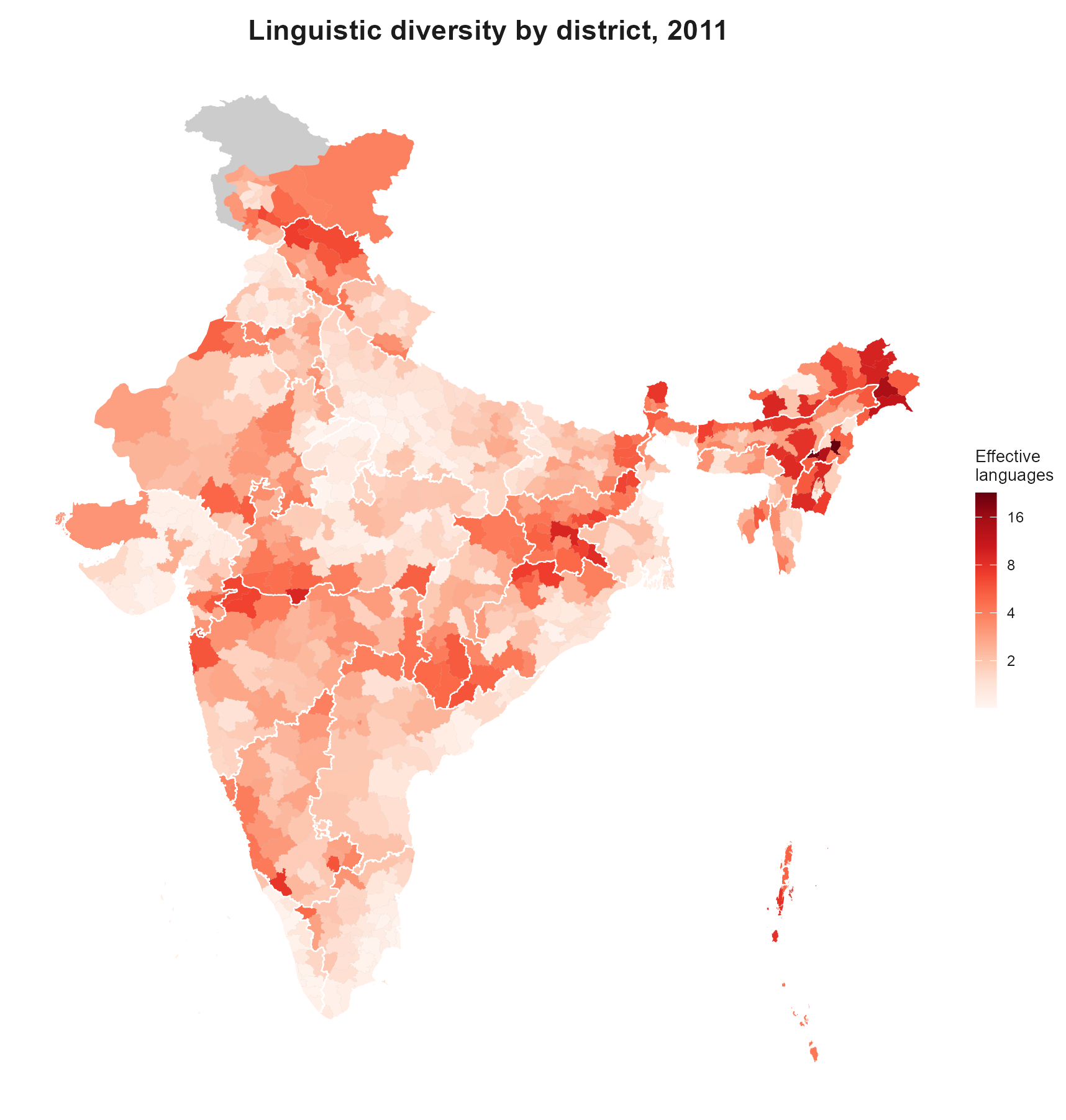 Linguistic diversity by district, 2011