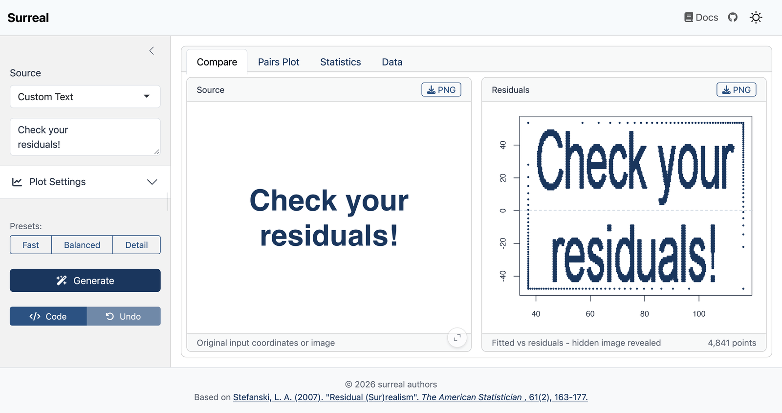 The surreal Shiny app. The message “Check your residuals!” is entered as custom text, and the Compare tab shows it beside the residual plot that spells it out.